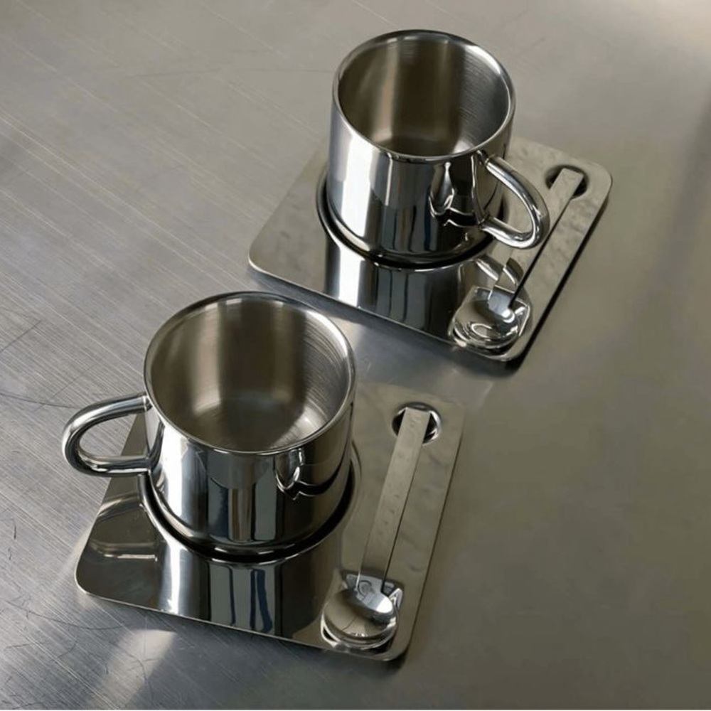 Sleek Silver Cappuccino Cup Set with Saucers and Spoons